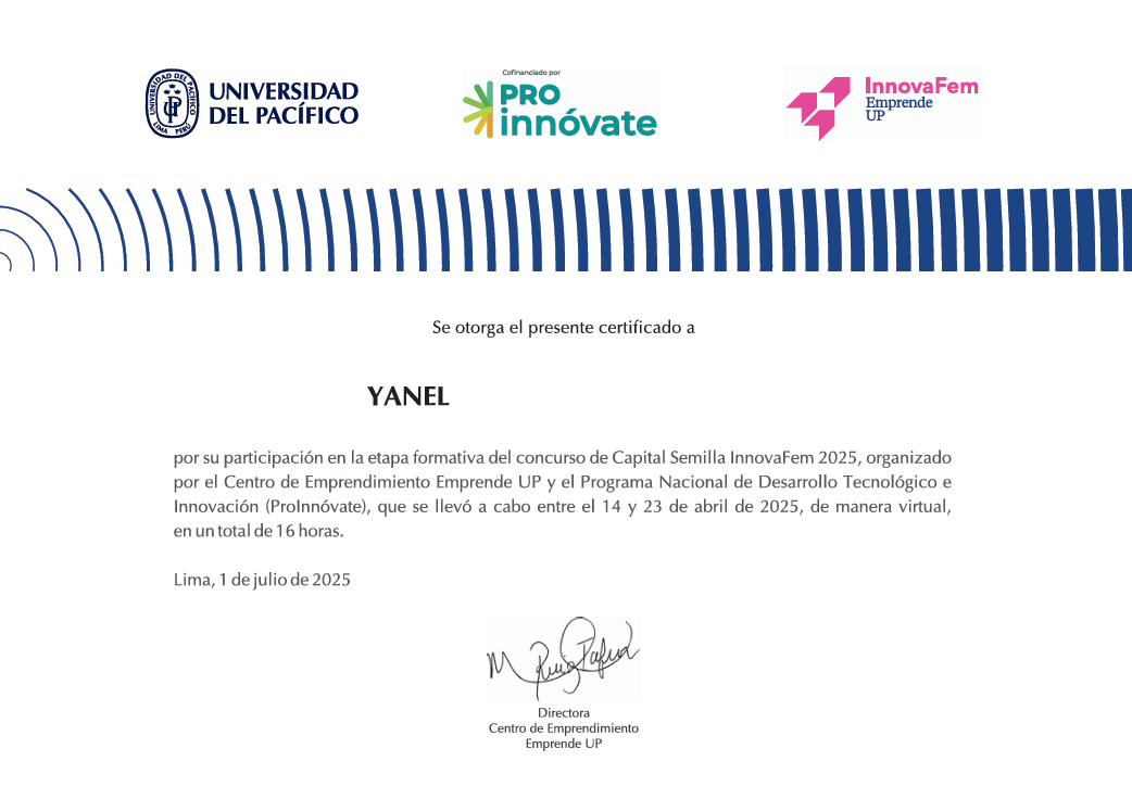 Certificado otorgado a Dommies por Emprende UP 2025