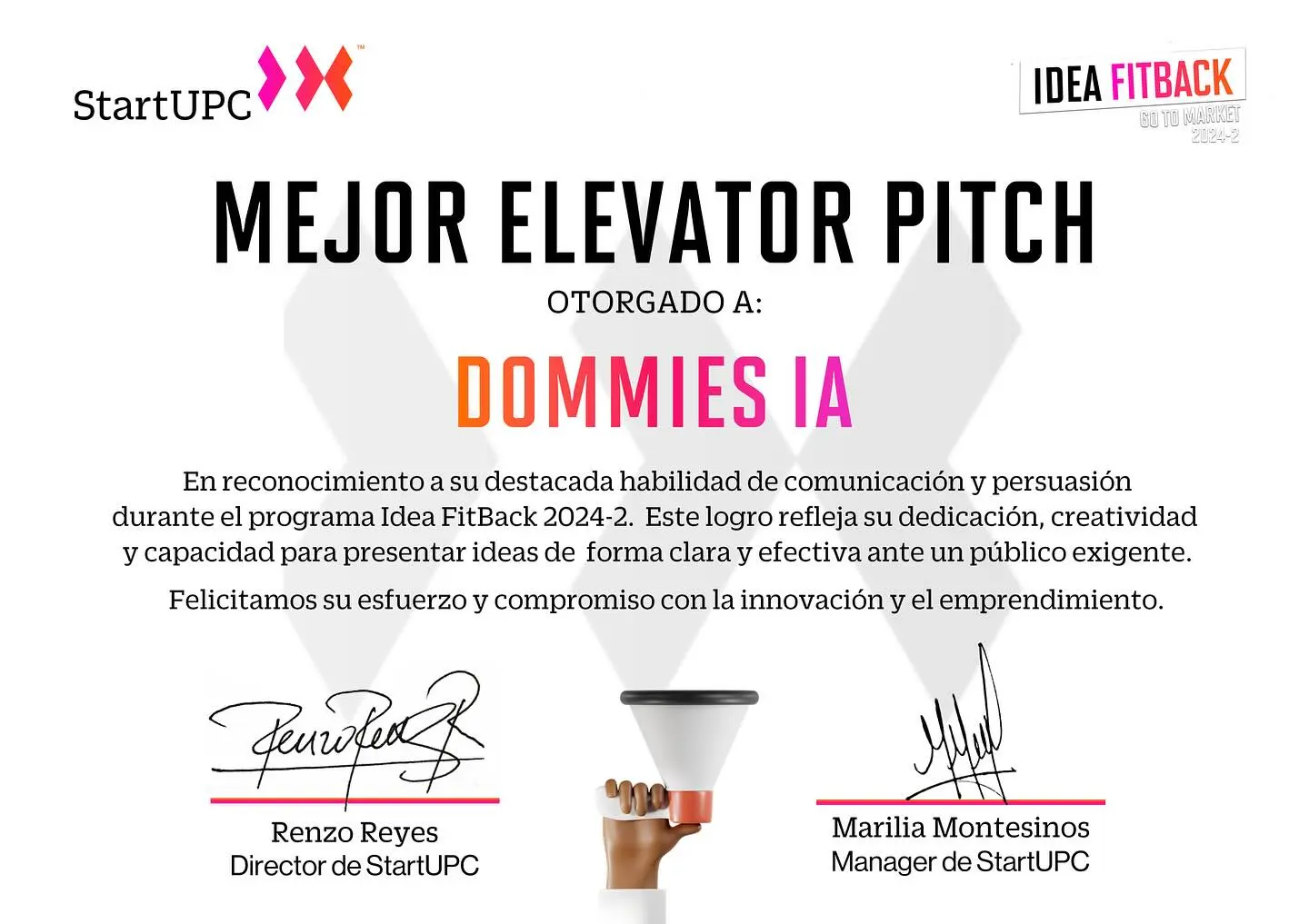 Certificado otorgado a Dommies por StartUPC 2025